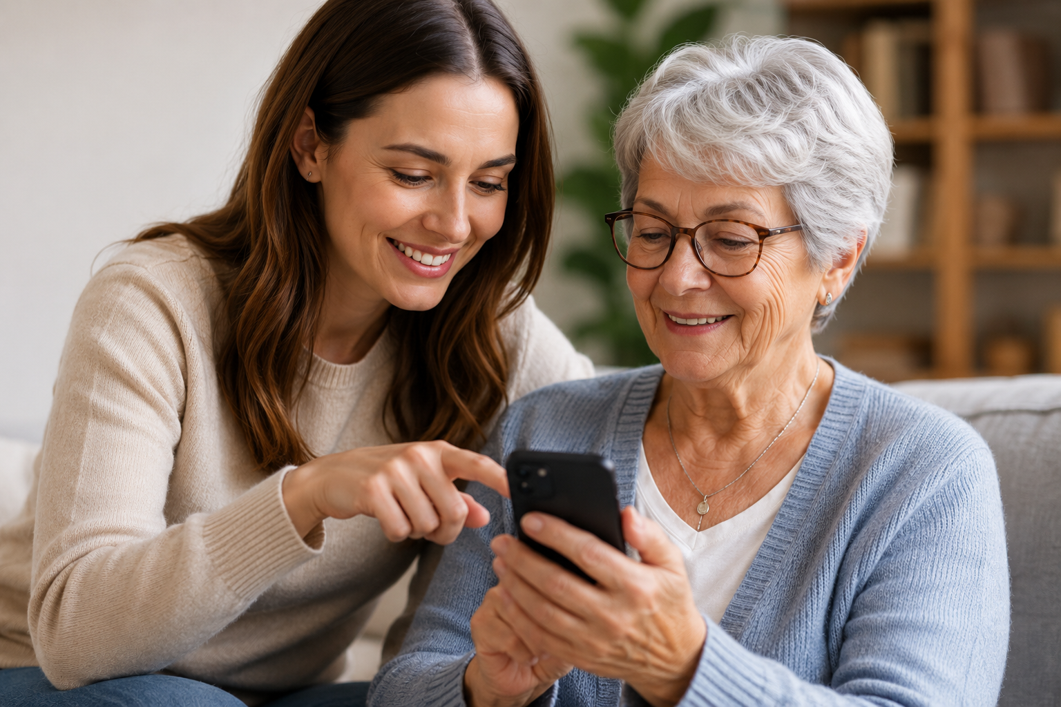 Adult daughter helping her mother use a phone